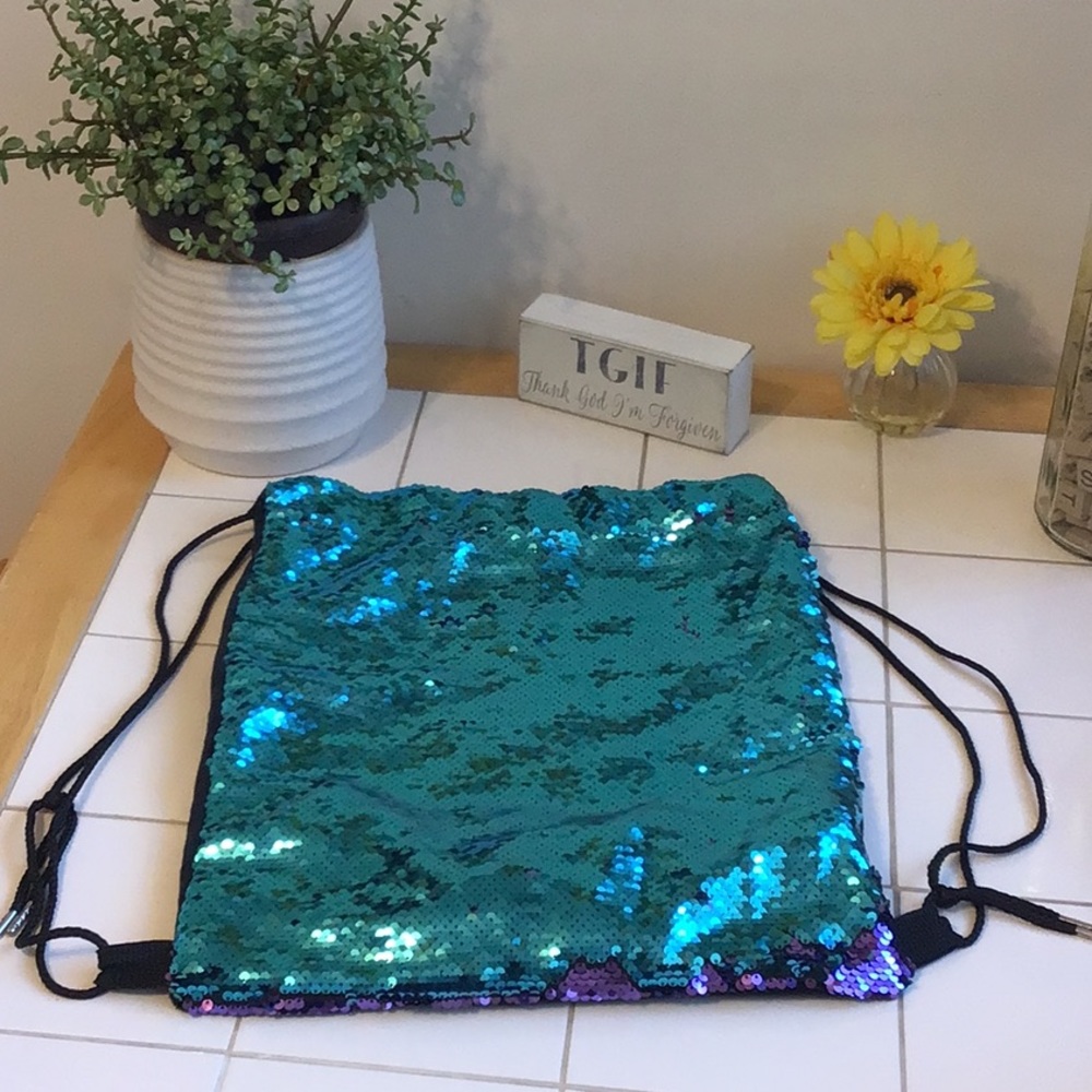 Blue/Purple Sequined Drawstring Backpack - image 1